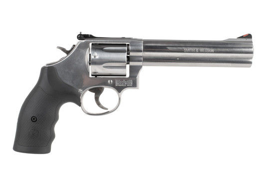 Smith and Wesson Model 686 revolver features a 6 inch barrel